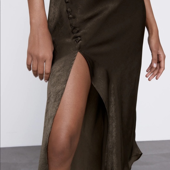 Zara Satin Lingerie Style Dress in Olive Green - Picture 3 of 11